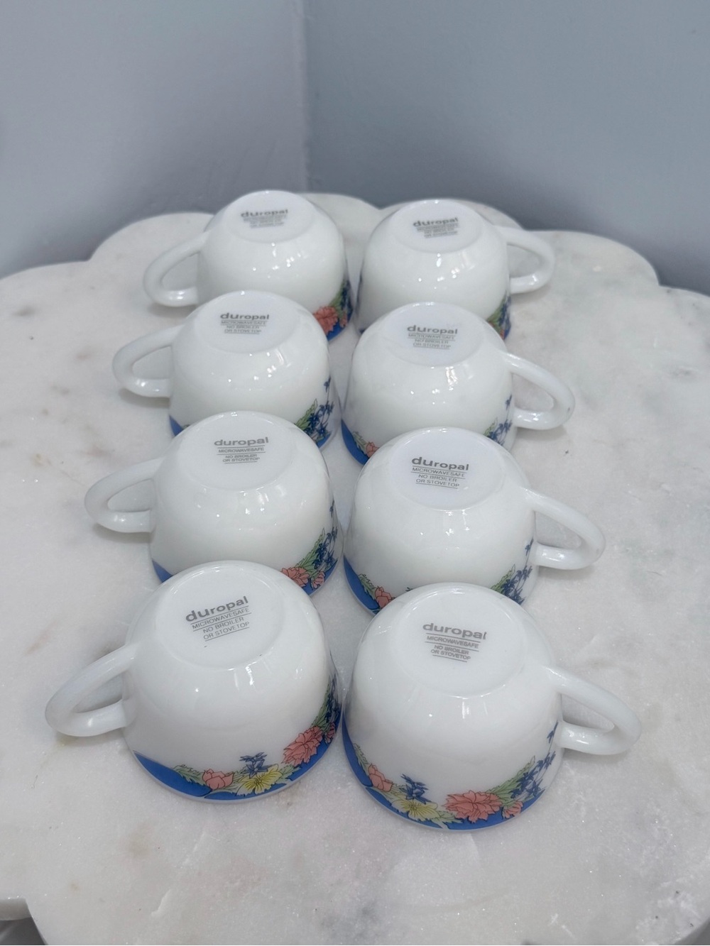 Vintage 90s Duropal French Opal Glass Teacups Set 7 Floral Blue Rim Coffee Cups - Picture 8 of 13